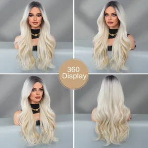 360-degree display of long wavy blonde ombre wig with natural gradient from dark to light