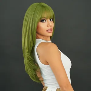 Grass green long straight synthetic wig with bangs for Saint Patrick's Day parties