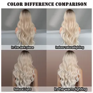 Comparison of ombre champagne gold wavy wig hair colors under four different lighting setups