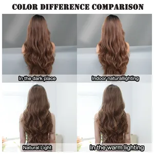 Mocha brown wavy T-part wig showing color contrast in dark and natural light