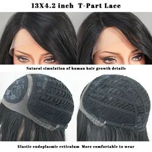 Detailed view of 13x4.2 inch T-part lace cap structure and realistic hairline on black wig