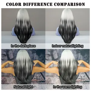 Comparación detallada de la peluca ondulada larga ombré plata y negro bajo diferentes luces