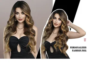 Detailed view of ombre brown to blonde long wavy lace wig with a stylish side part