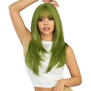 Long straight grass green synthetic wig with bangs and layered cut for party wear