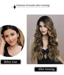Detail showing before and after transformation with ombre wavy long lace wig
