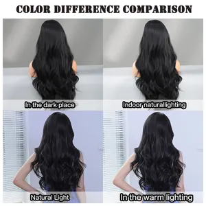Comparison of black long wavy synthetic wig in four different lighting conditions