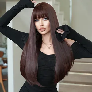 Fashionable long straight reddish brown wig with thick bangs and natural glossy finish