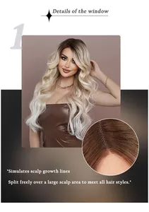 Detail of blonde ombre lace wig with realistic scalp texture and wavy fiber hair