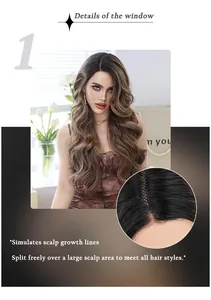 Detail of ombre brown wavy wig showing realistic scalp and free parting area