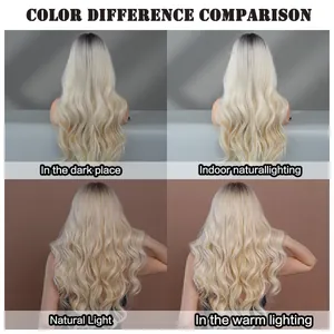 Long blonde ombre wavy wig shown in four different lighting conditions for color comparison