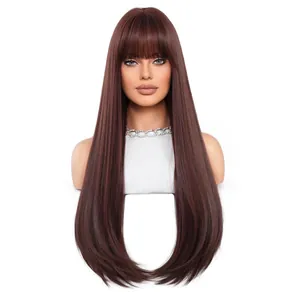 Long straight mocha brown wig with flat bangs and layered ends on a white background
