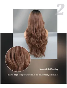 Detail of matte high temperature silk texture on long wavy mocha brown T-part lace wig