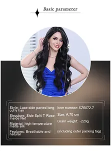 Detailed spec sheet of a 70cm long wavy black synthetic wig with T-Rose inner net