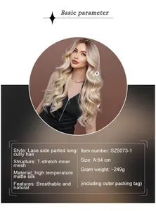 Detailed view of blonde curly wig showing lace side part and breathable T-net structure