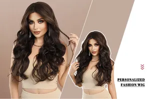 Detail view of T-part lace wig with deep brown long wavy synthetic hair and natural texture