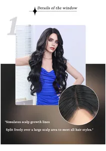 Close-up of realistic simulated scalp detail on long black wavy synthetic lace wig