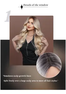 Detail view of natural hairline and ombre blonde wavy fiber lace wig with scalp imitation