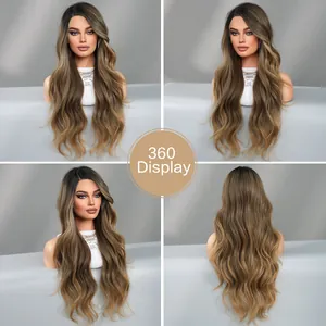 360-degree view of long ombre brown wavy lace wig with 24-26 inch curls and gradient fiber