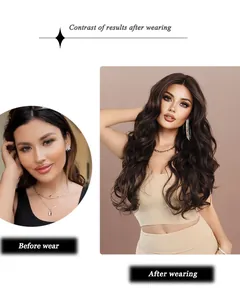 Before and after comparison showing volume boost of long wavy dark brown lace wig