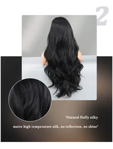 Detail of matte high temperature silk hair showing realistic black wavy texture and volume