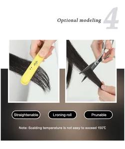 Detail view of heat-resistant synthetic wig being straightened and trimmed under 150°C