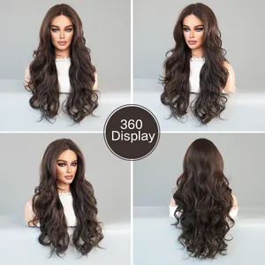Detailed 360-degree display of a long wavy dark tea color T-part lace synthetic wig
