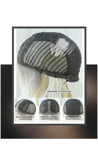 Detail view of the breathable rose net cap construction and adjustable straps for blonde wigs
