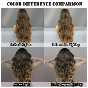 Long wavy wig color comparison in dark, indoor, outdoor natural, and warm lighting