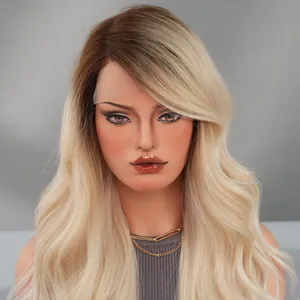 Macro view of ombre lace front wig featuring champagne blonde long wavy hair texture