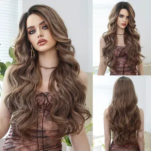 Women T-Part Lace Front Synthetic Wig Long Wavy Ombre Mocha Highlights Style Heat Resistant Fiber Natural Hair For Party