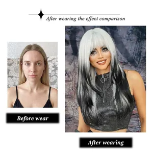 Peluca larga y lisa con degradado blanco plateado a negro para fiesta y cosplay