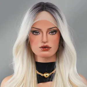 Close-up of blonde ombre long wavy wig with middle part and lace hairline detail