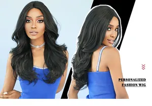 Front and side view of long wavy black T-part lace wig with natural hair texture
