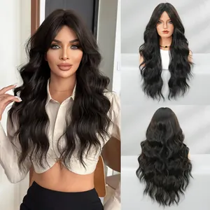 Perruque longue noire bouclée de haute qualité pour femmes avec frange et boucles naturelles