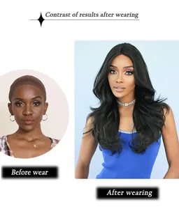 Before and after contrast of natural black long wavy T-part lace front wig results