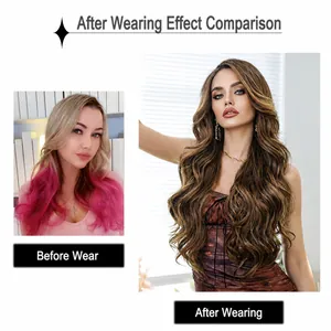 Long wavy T-part lace wig in mocha brown with highlights for a natural glamorous look