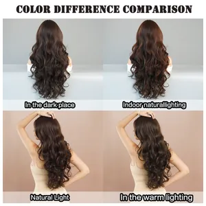 Deep brown long wavy T-part lace wig shown in four different lighting conditions