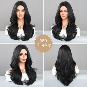 360-degree view of long wavy black T-part lace synthetic wig on mannequin model