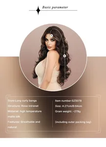 Detailed chart showing size and breathable rose net structure of the long wavy lace wig