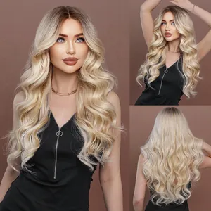 Womens Middle Part Long Wavy Curly Synthetic Lace Front Wig Ombre Ash Blonde Brown Highlighted Heat Resistant Fiber Hair For Party