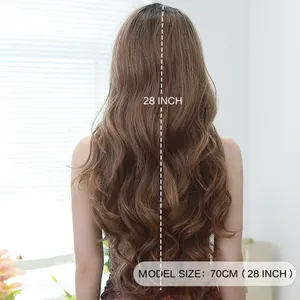 28 inch mocha brown T-part lace wig with long wavy highlights and natural side part