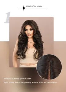 Detail of deep brown long wavy T-part lace wig featuring realistic scalp growth line
