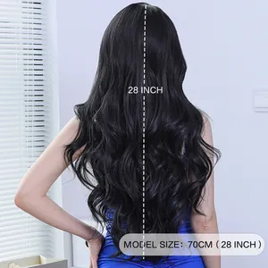 28 inch long wavy black lace wig for women showing hair length and texture from behind
