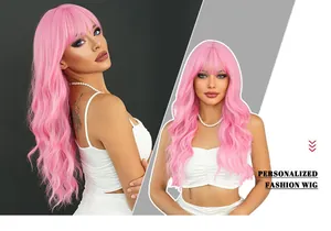 Detail of long wavy pink wig with bangs showing side and front texture views