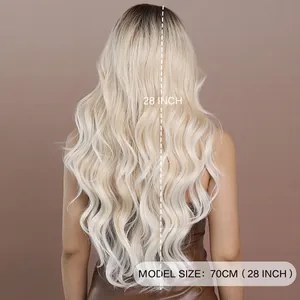 28 inch long wavy lace wig in ombre champagne gold with dark roots on back view