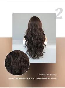 Detail of matte high temperature silk long wavy dark brown wig with natural waves