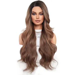 Mocha brown ombre wavy T-part lace wig for women with natural gradient roots