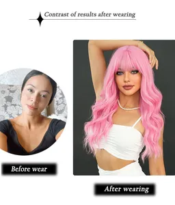Comparison showing the transformation before and after wearing the long wavy pink wig