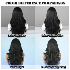 Color difference comparison of black long wavy lace wig under four lighting conditions