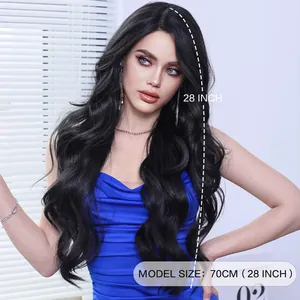 Long wavy black synthetic lace wig for women, 28 inch natural body wave hair extension